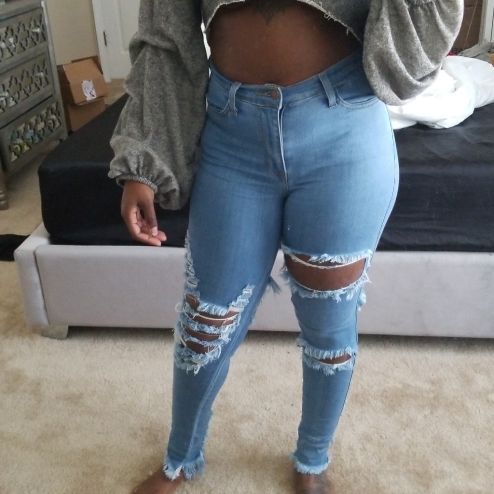 High waisted distressed jeans